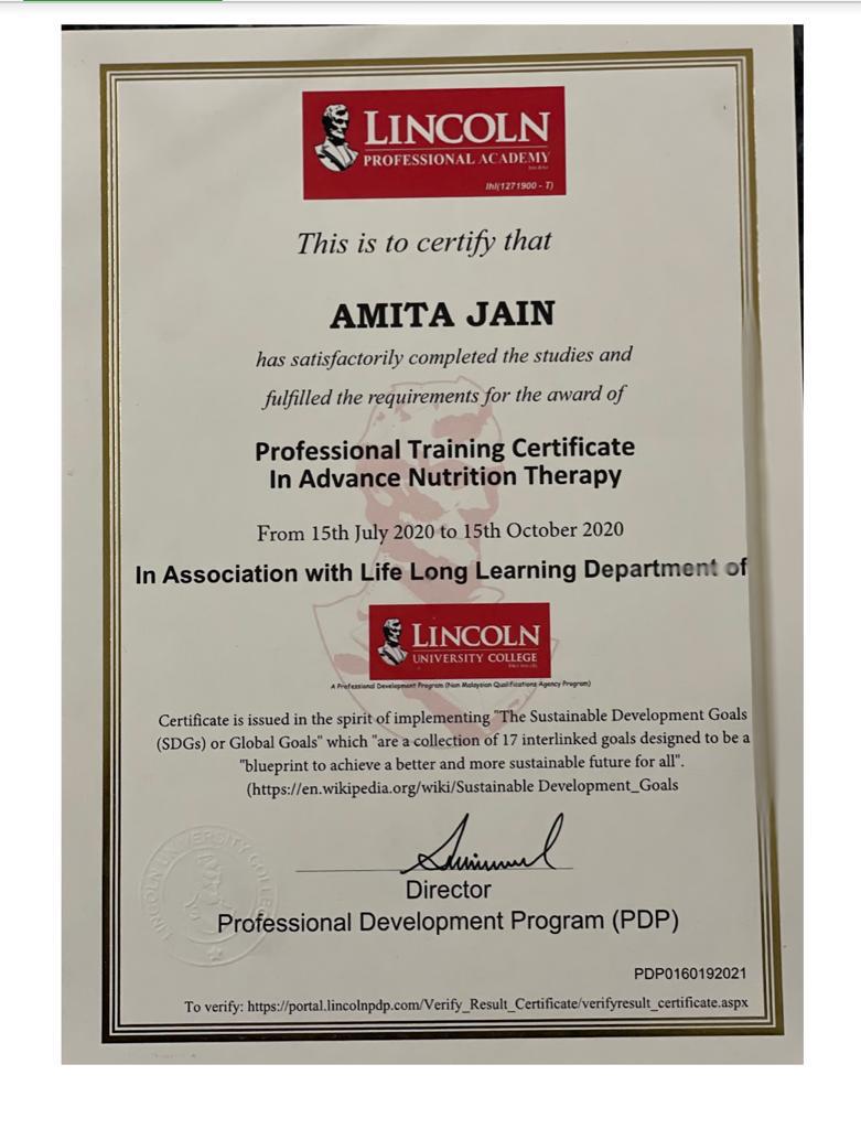 professional training certificate in advance nutrition therapy -Amita Jain