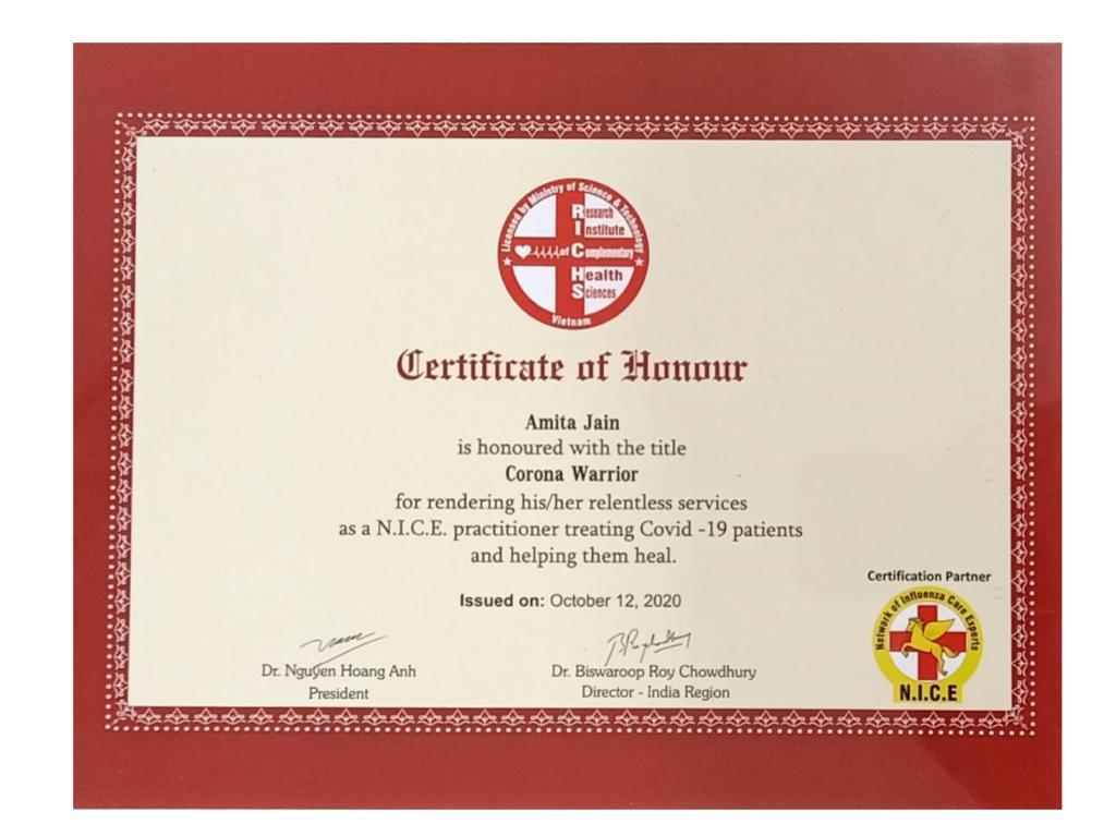 certificate of honor as corona warrior- Amita Jain